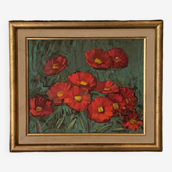 Oil on panel by E. Bernadac Red Marguerites 20th century
