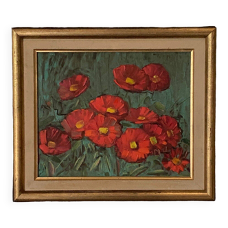 Huile sur panneau par E. Bernadac, Marguerites rouges XXème