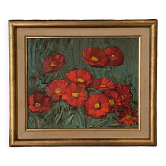 Oil on panel by E. Bernadac Red Marguerites 20th century