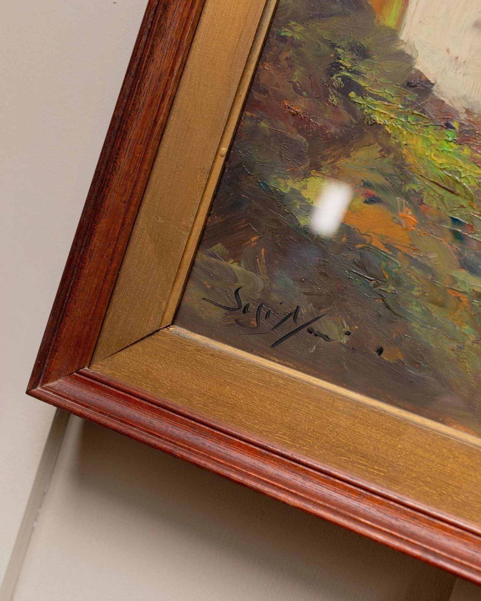 XL Vintage Oil Painting on Wood Panel in a Golden Frame, 1960s Italy Landscape with Woman