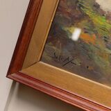 XL Vintage Oil Painting on Wood Panel in a Golden Frame, 1960s Italy Landscape with Woman