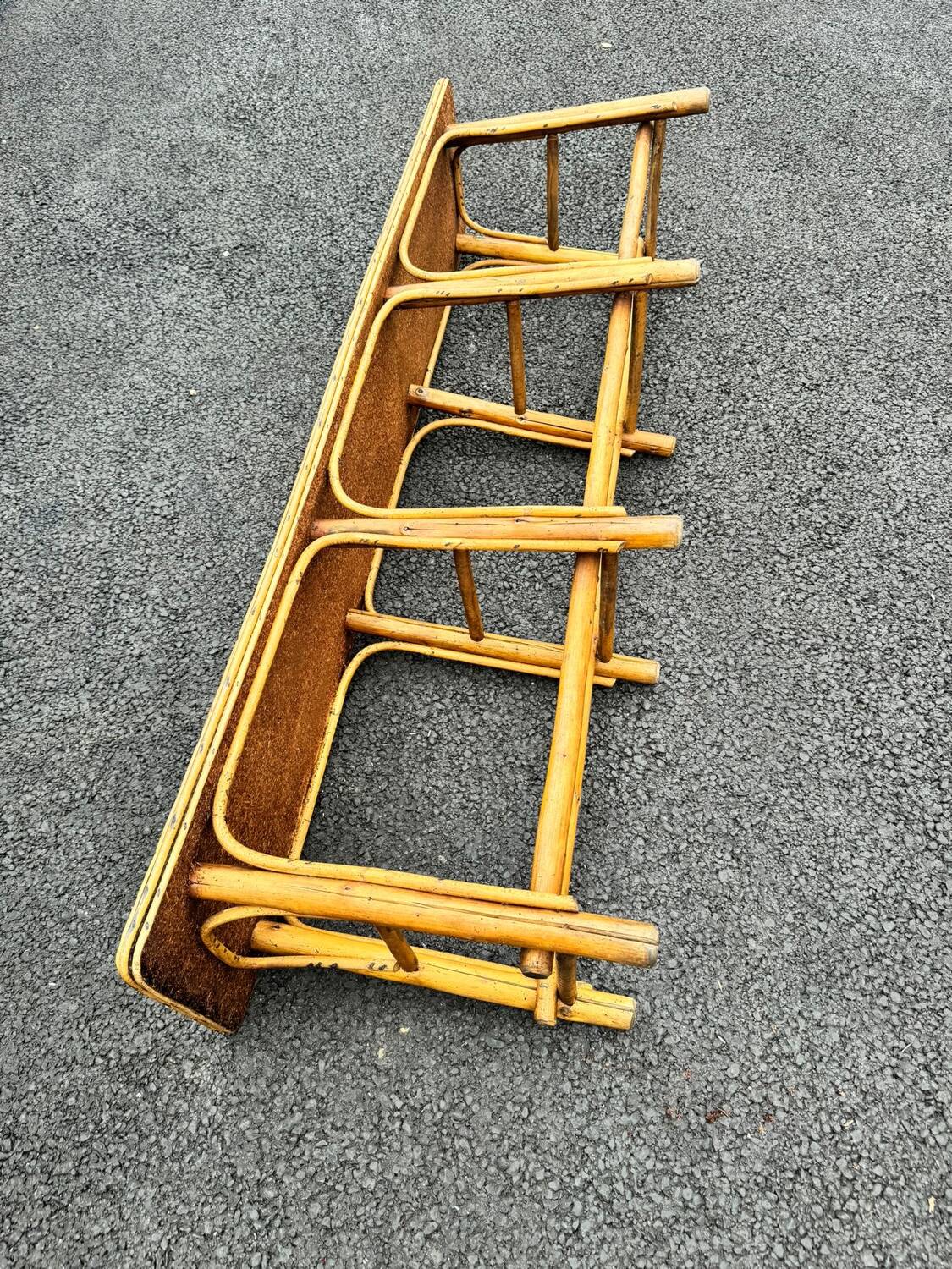 Vintage 1950s set: large table with tripod base and benches in woven chestnut