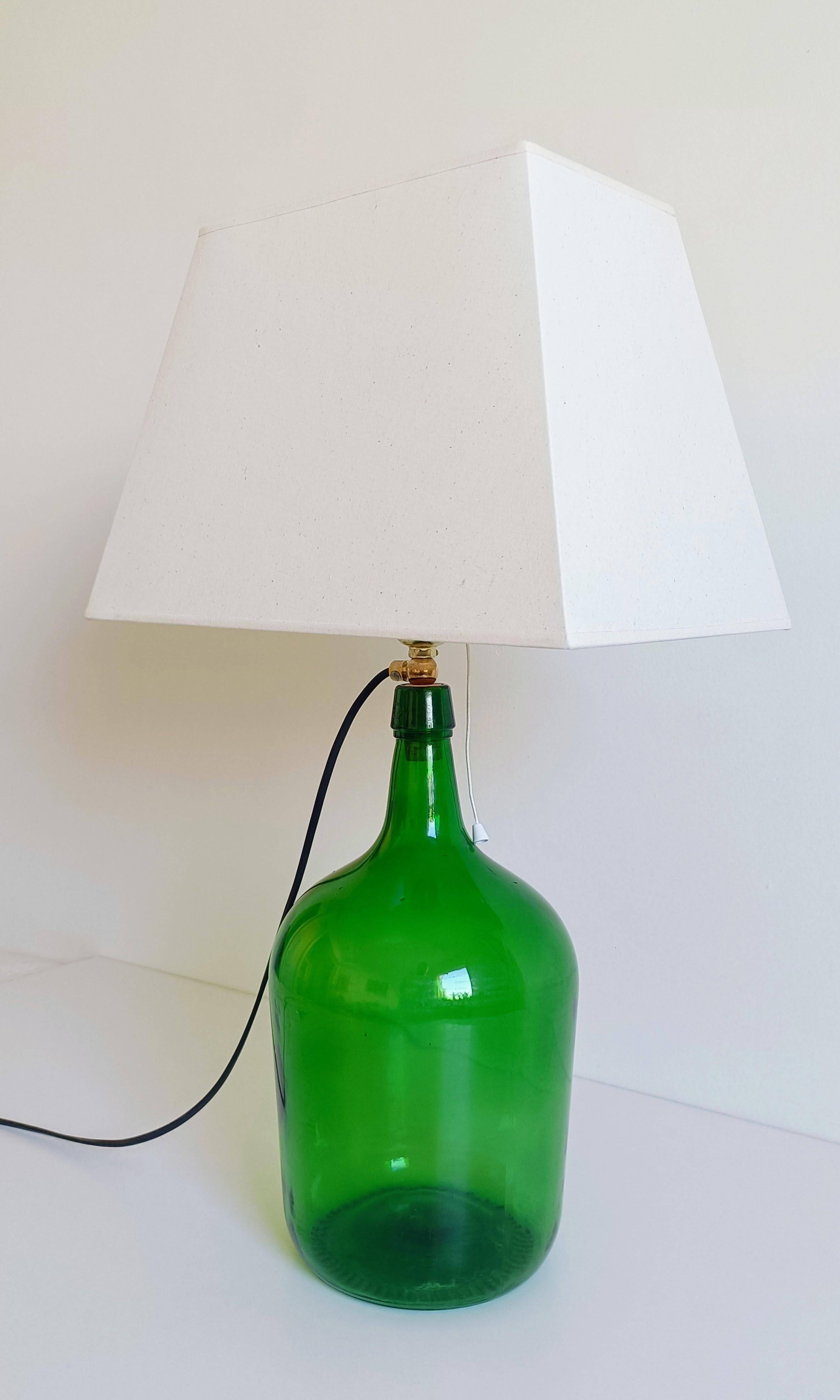 Mid-Century Green Glass Demijohn Table Lamp, Brass Fittings, Contemporary Shade