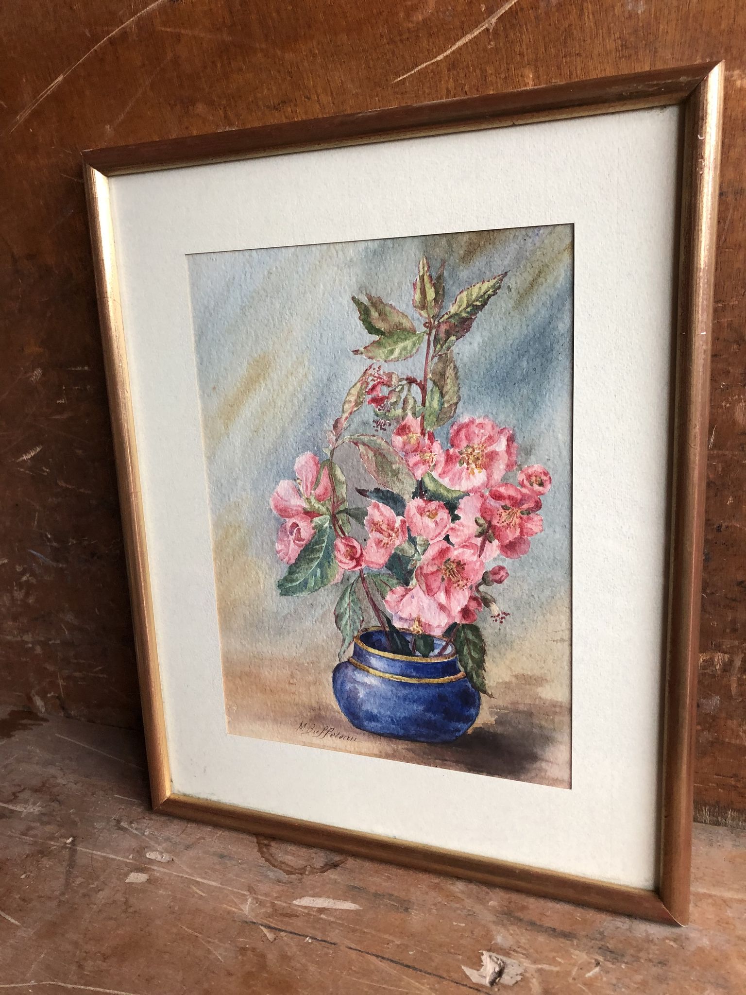Watercolor painting m. buffeteau bouquet flowers signed & frame gilded wood vintage