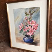 Watercolor painting m. buffeteau bouquet flowers signed & frame gilded wood vintage