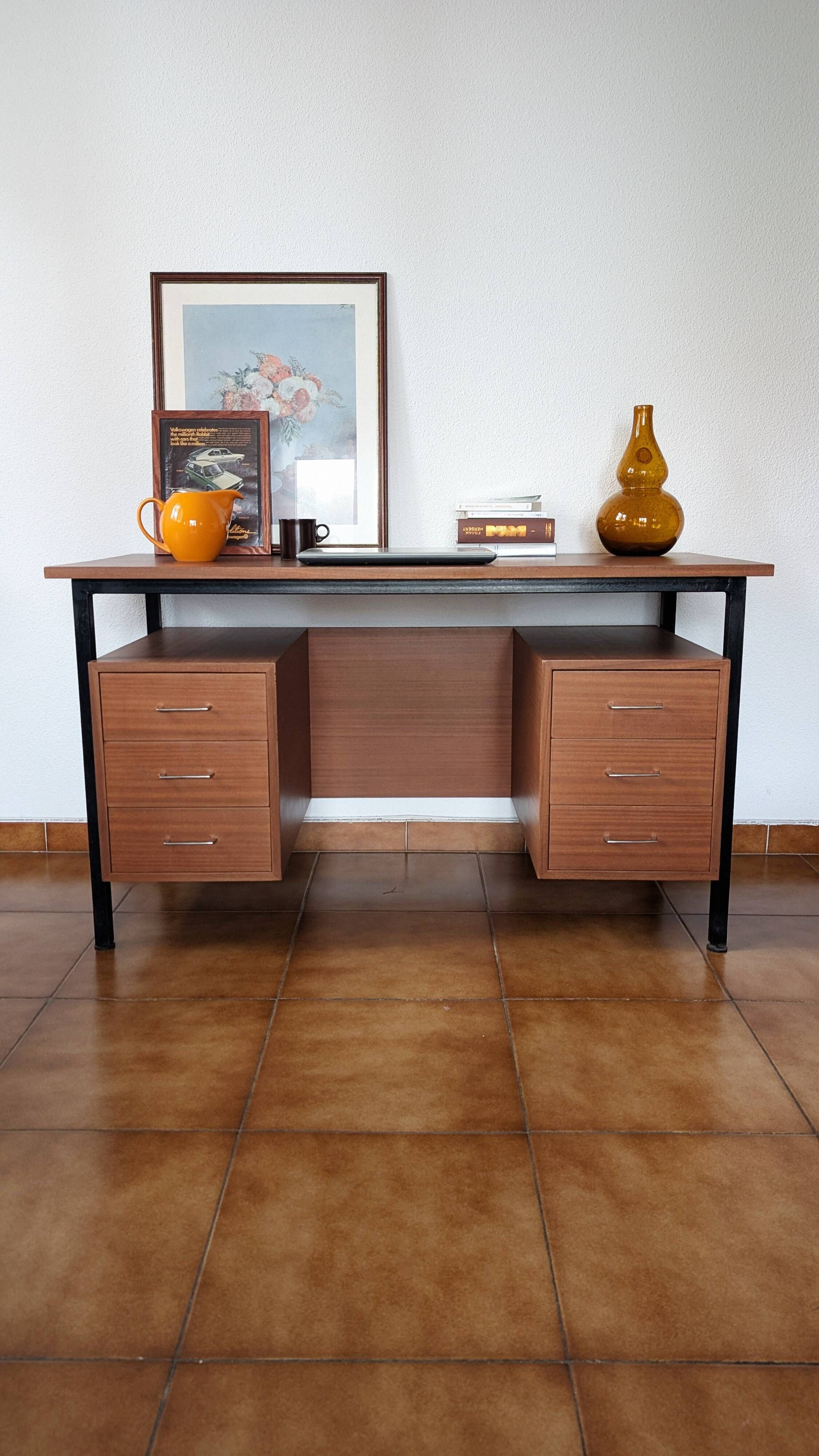 Industrial/craft desk from the 1970s; wood & metal.