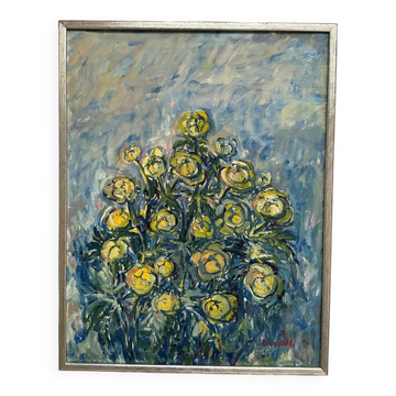 Huile sur toile suédoise – “Fleur” par S. Koskinen – Datée de 1978