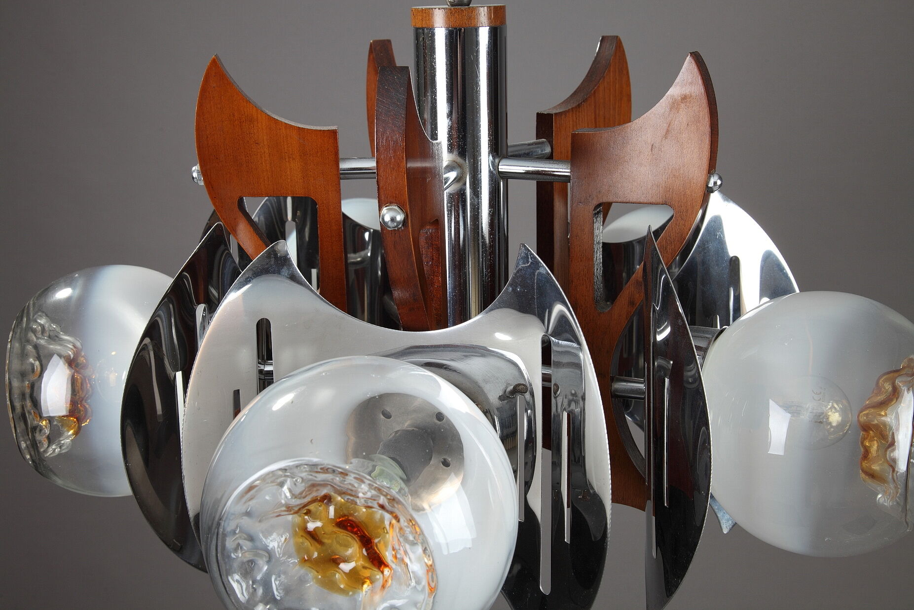 Mazzega chandelier in murano glass, chrome and wood, 1970's