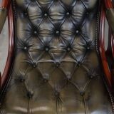 Set of 2 Green Cowhide Leather English Chesterfield Armchairs