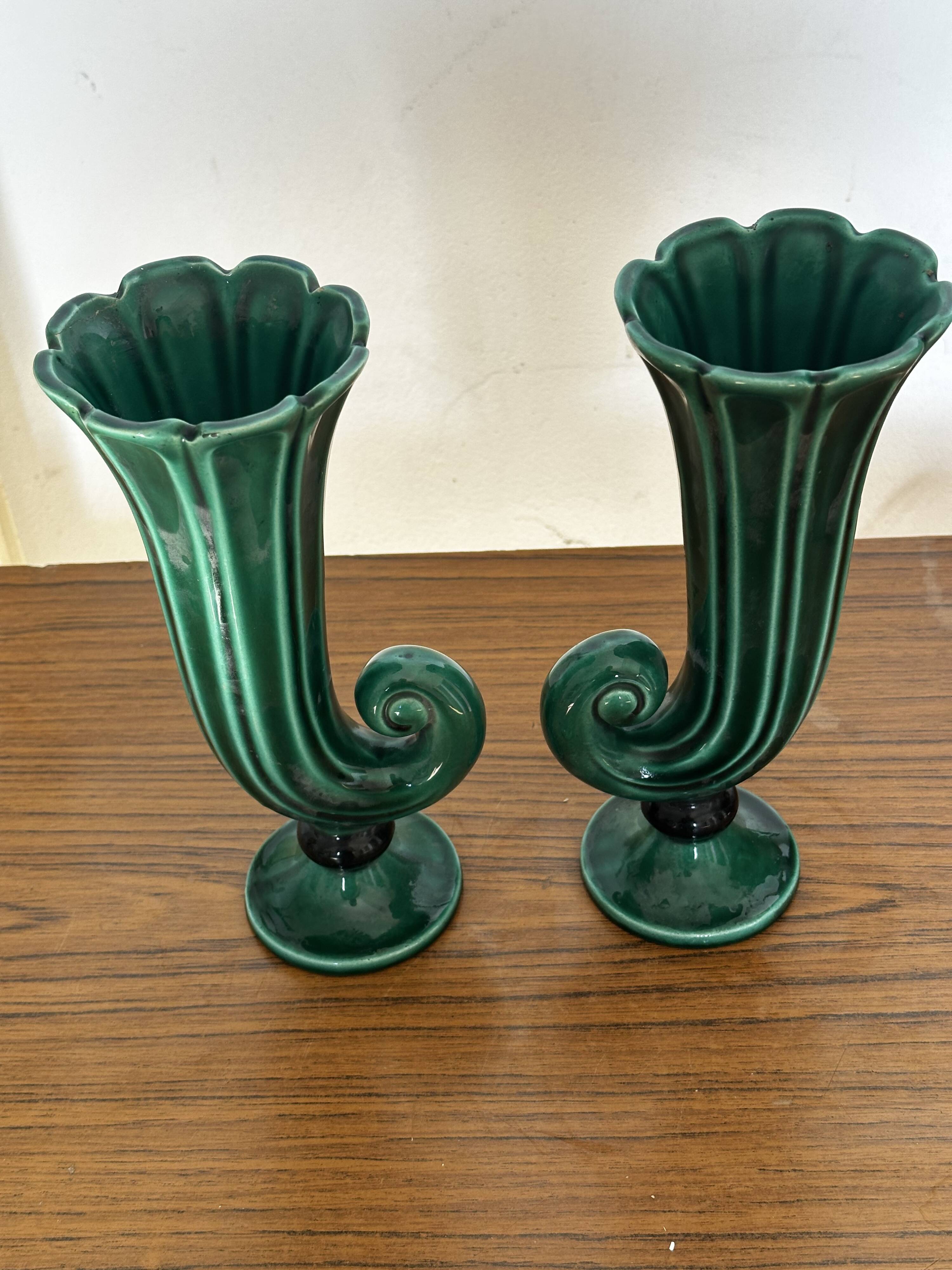 Pair of Art Deco vases circa 1920 - green glazed ceramic