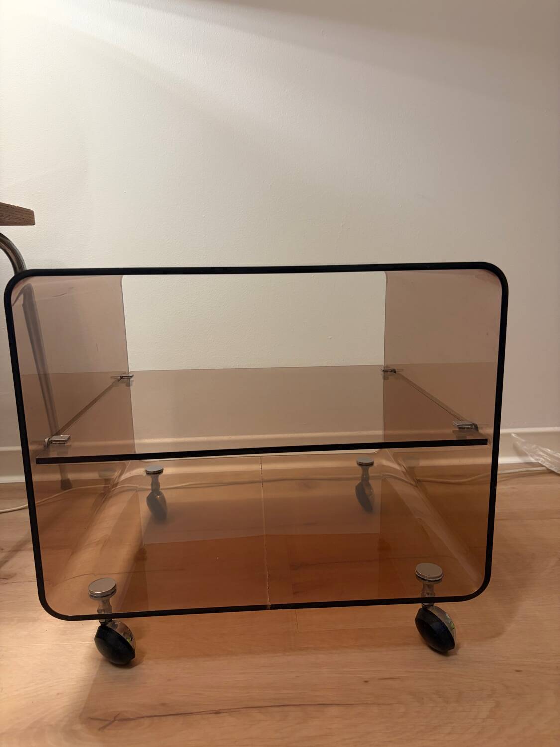 Smoked plexiglass side table/occasional table by designer Michel Dumas.