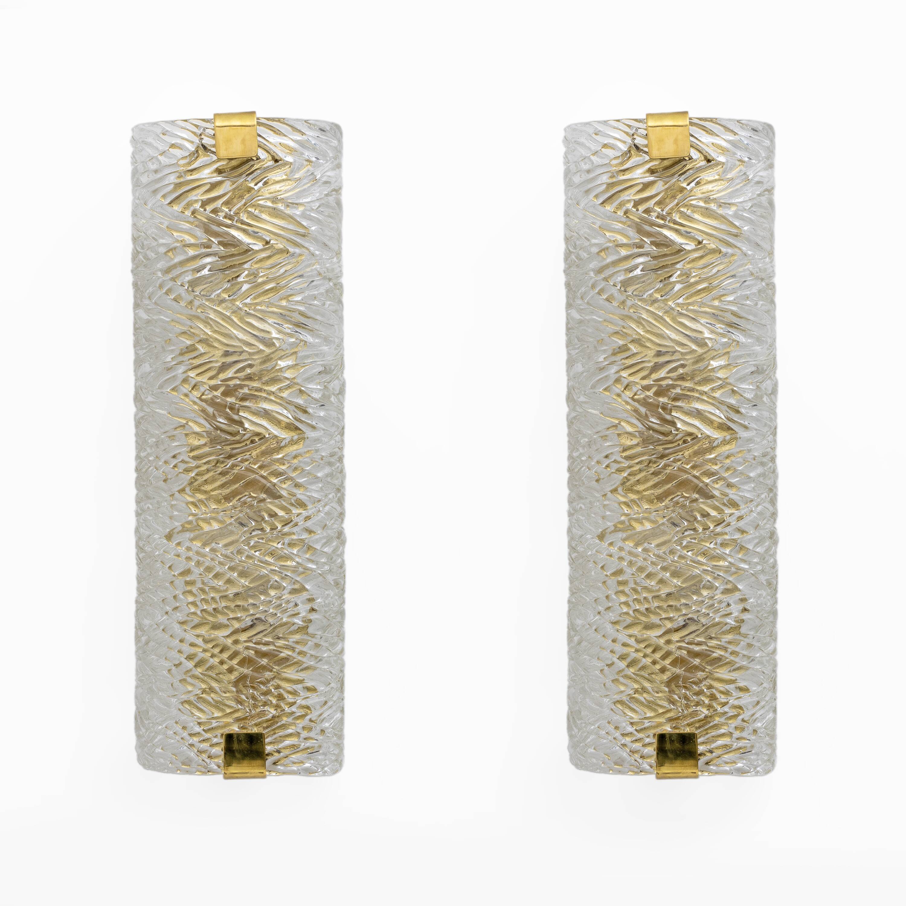 Pair of Modern Italian Brass and Murano Glass Textured Wall Sconces