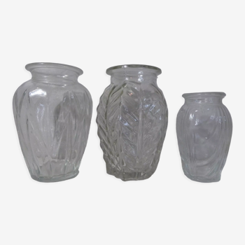 3 vintage molded glass bulbous vases 50s