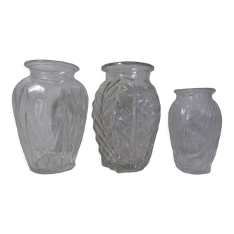 3 vintage molded glass bulbous vases 50s