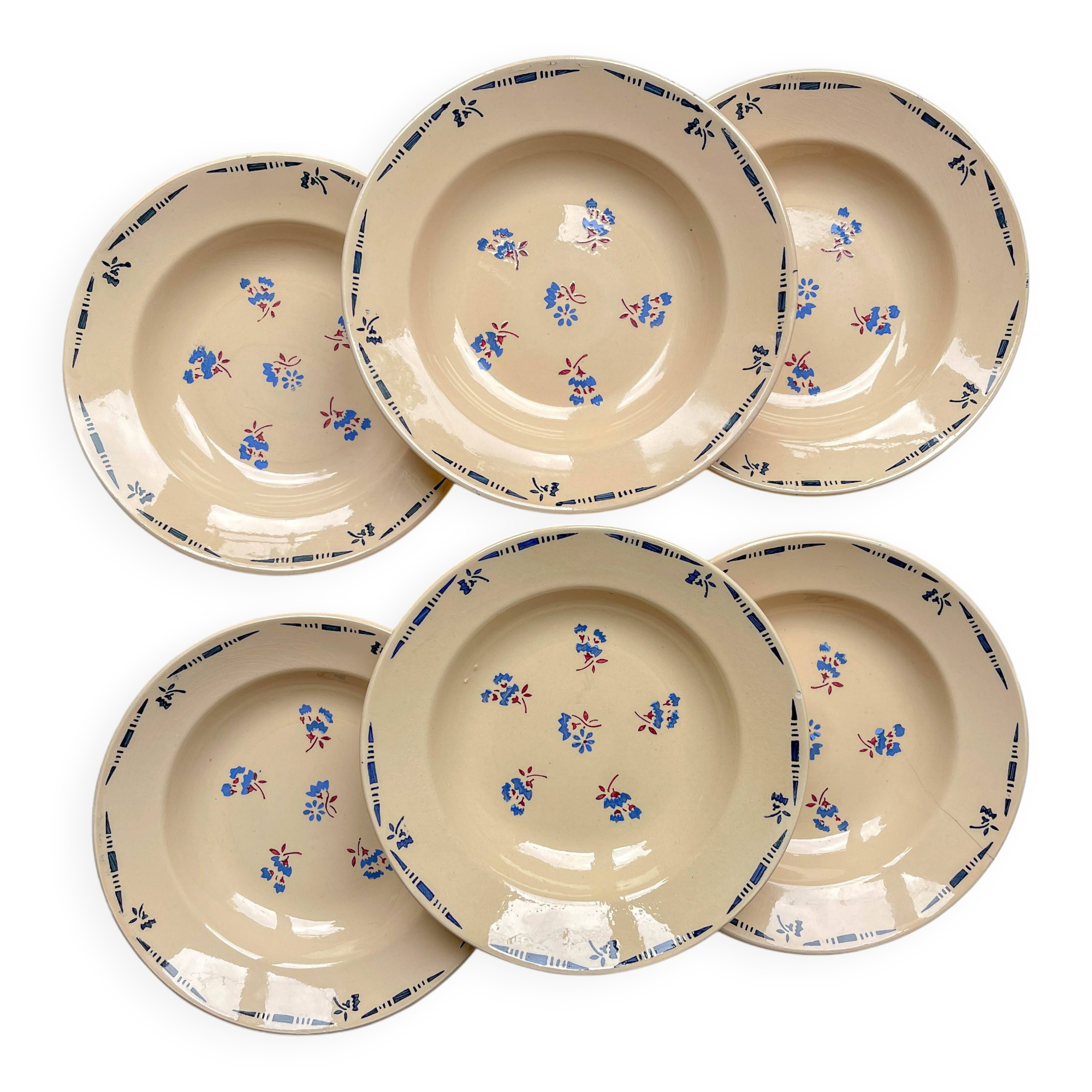 6 vintage K&G Luneville "Flore" porcelain soup plates, 1950s, small blue flowers