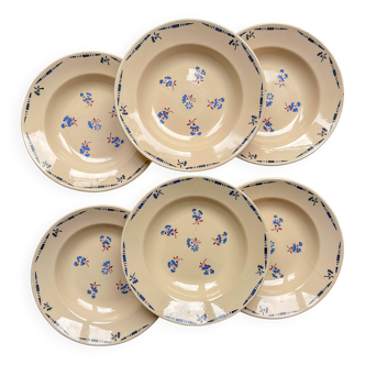 6 assiettes creuses porcelaine vintage K&G Luneville "Flore" 1950s petites fleurs bleues