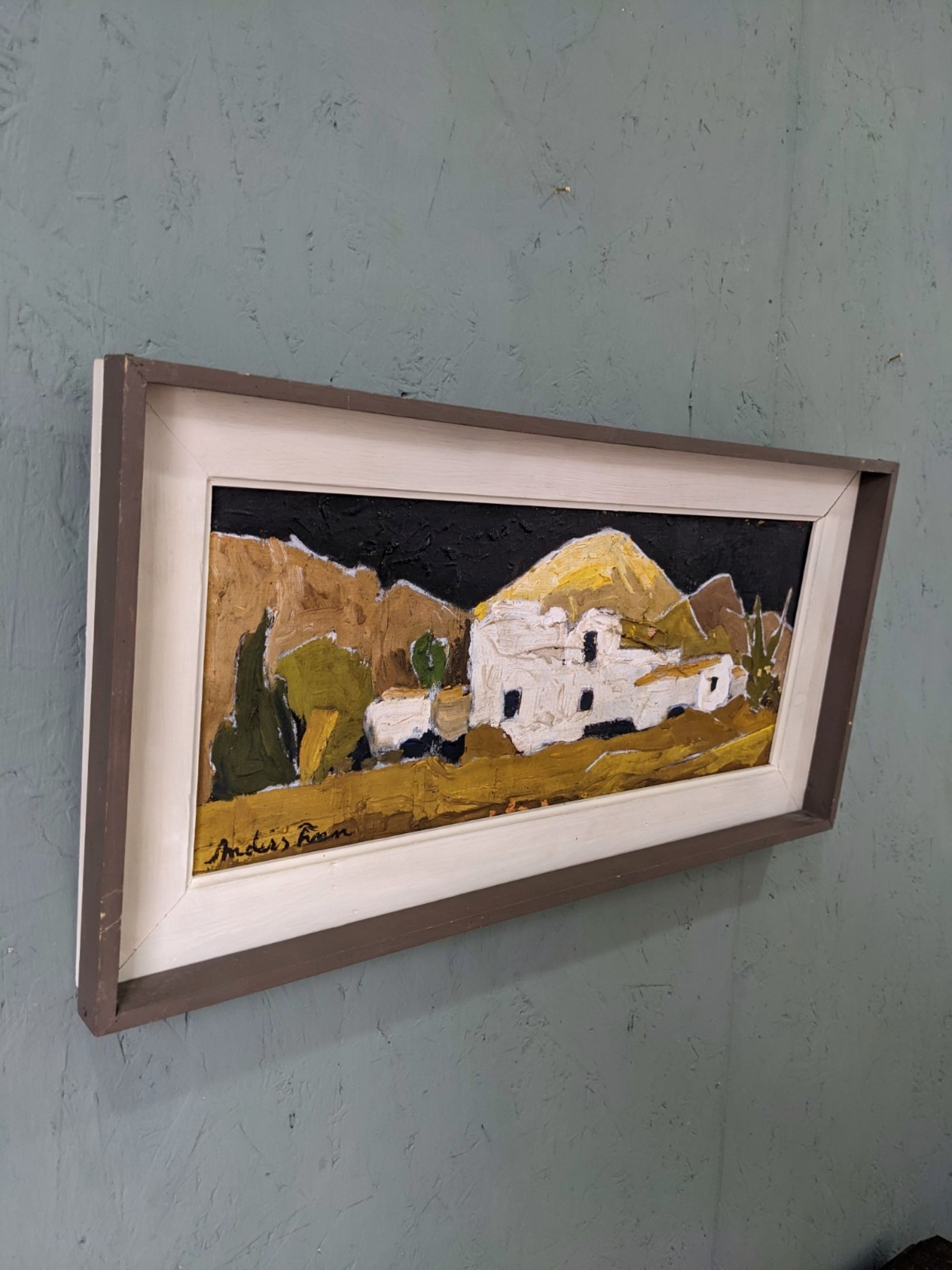 Mid-Century Modern Swedish Oil Painting "White Village" Vintage Framed Landscape