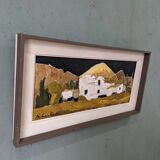 Mid-Century Modern Swedish Oil Painting "White Village" Vintage Framed Landscape
