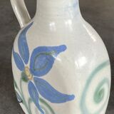 Vintage signed stoneware pitcher jug with floral painting decoration