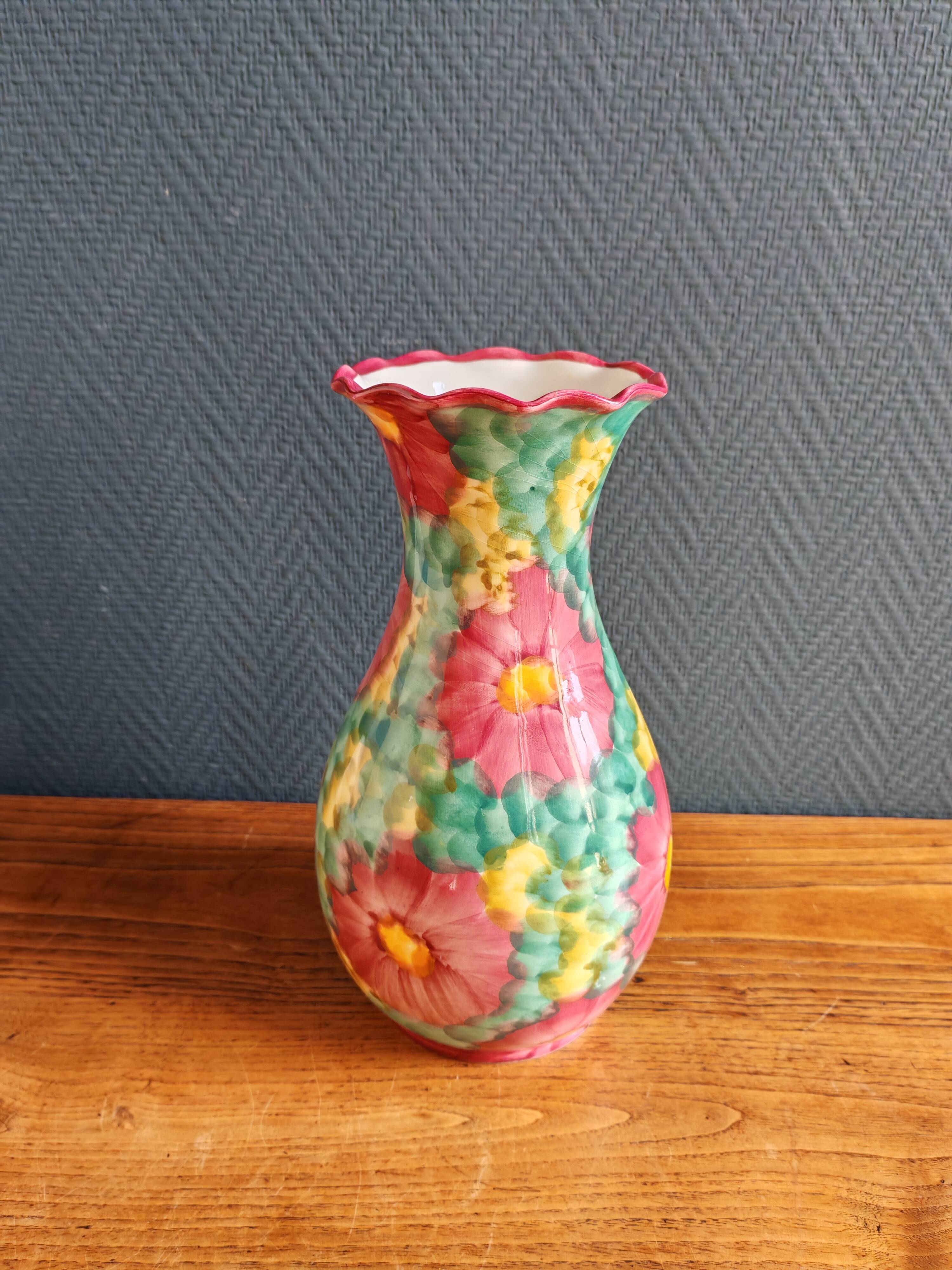 Vintage Floral Ceramic Vase - Large Barbotine Vase with Pink Flowers