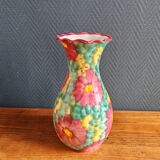 Vintage Floral Ceramic Vase - Large Barbotine Vase with Pink Flowers