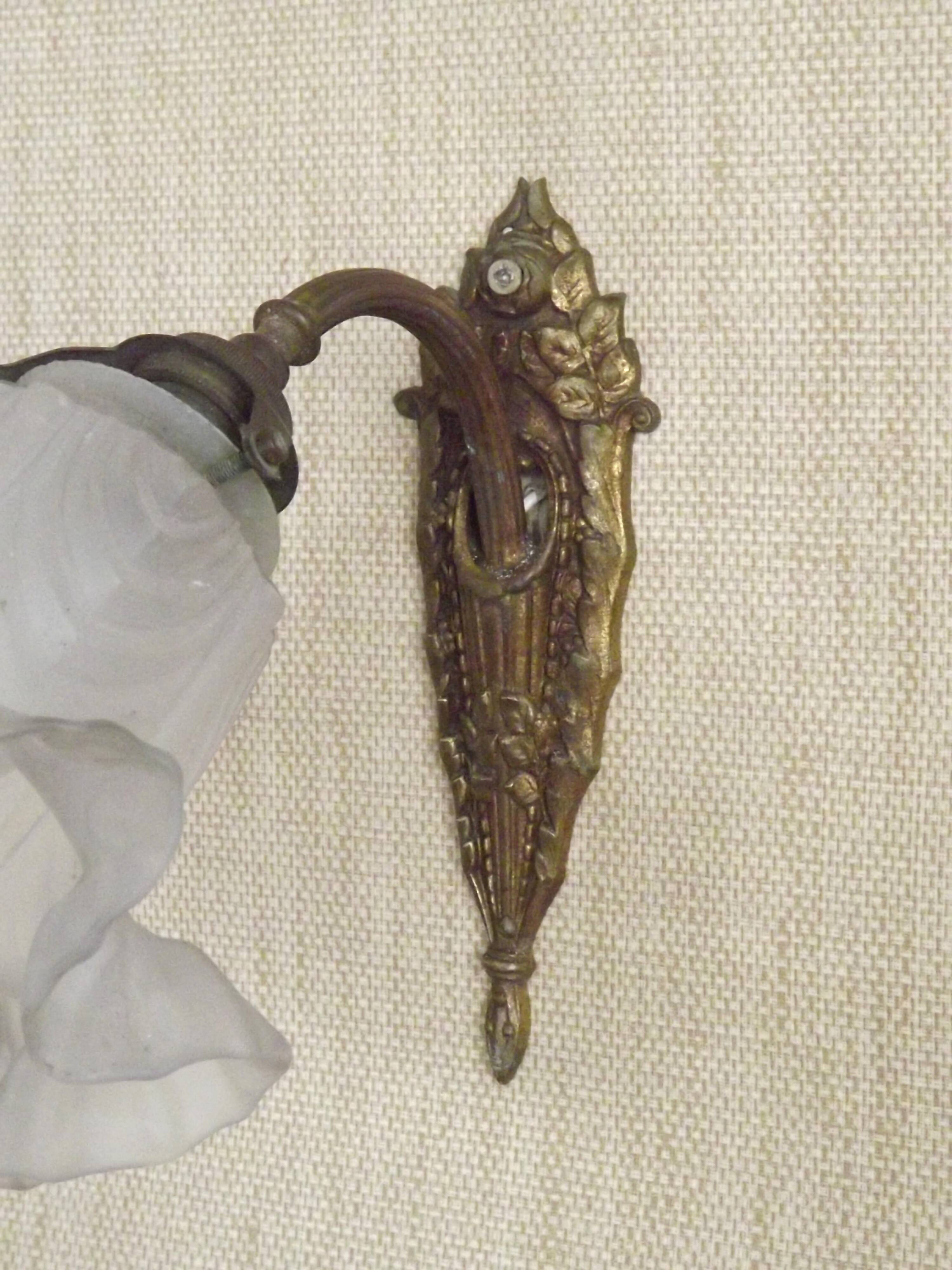 Single French Bronze Art Nouveau Wall Light with Flower Detail and White Glass Shade 4970