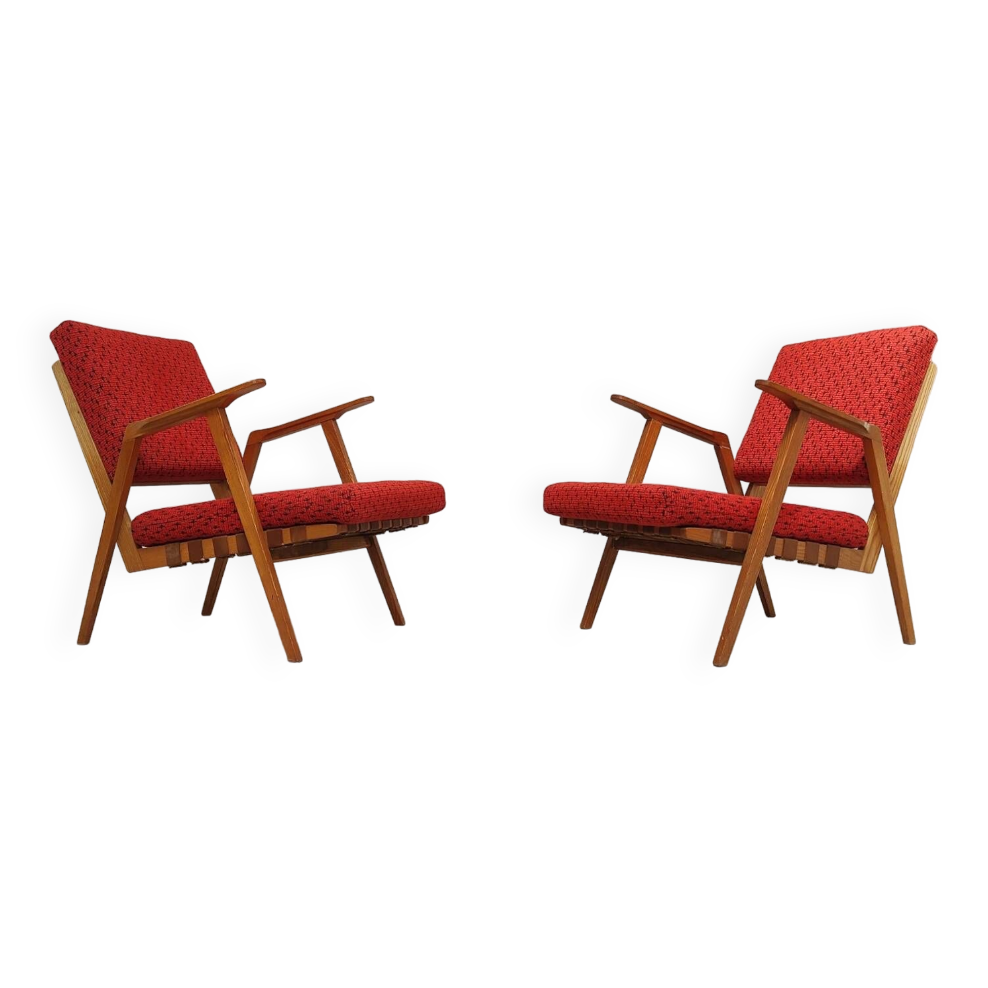 Pair of armchairs in mottled red and wood by Uluv, former Czechoslovakia 1960