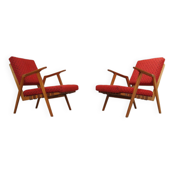 Paire de fauteuils Rouge chiné et bois par Uluv , Ex Tchécoslovaquie 1960