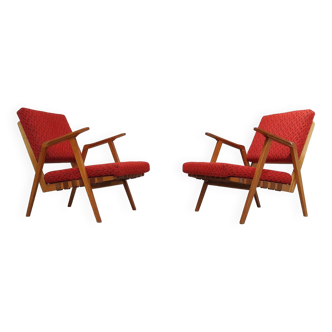 Paire de fauteuils Rouge chiné et bois par Uluv , Ex Tchécoslovaquie 1960