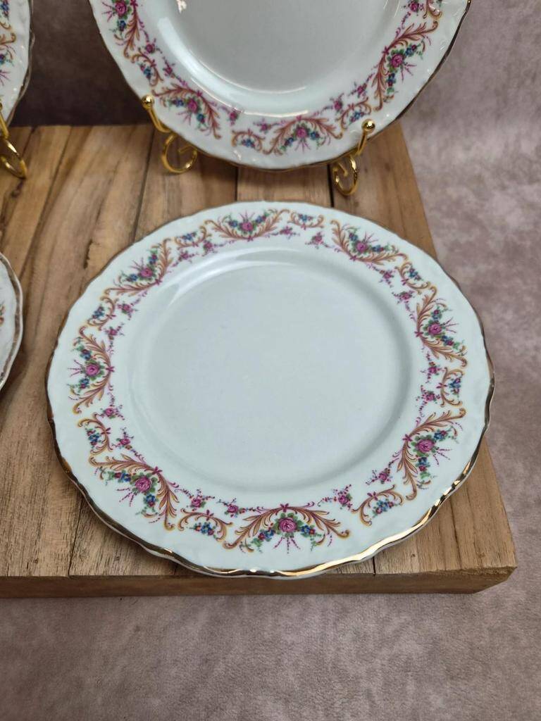 Set of 4 dessert plates French porcelain Digoin romantic floral gold decoration