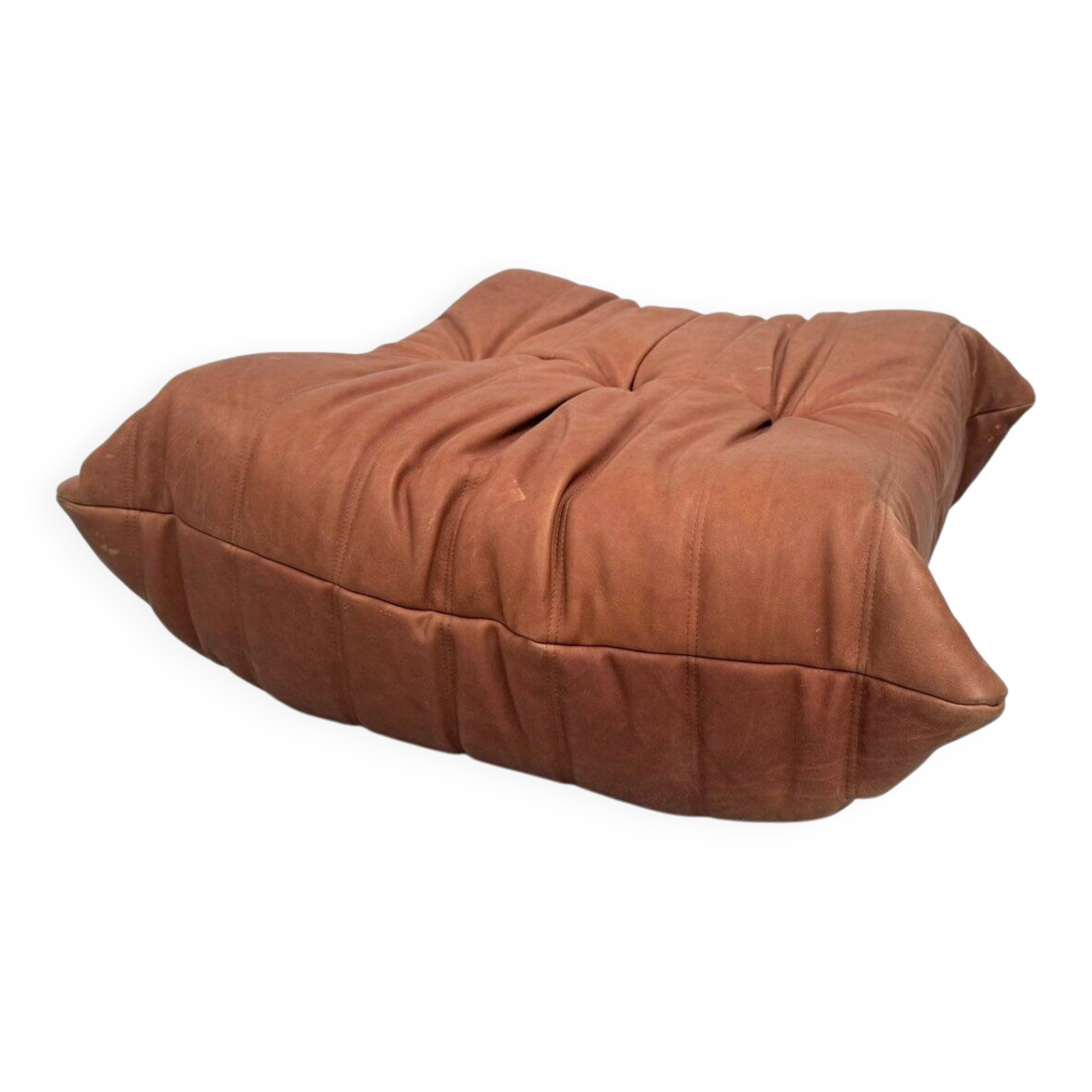 French Togo ottoman in cognac neck leather attributed to Michel Ducaroy for Ligne Roset