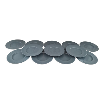 Set of 12 dessert plates in ceramic blue gray marli striated in relief