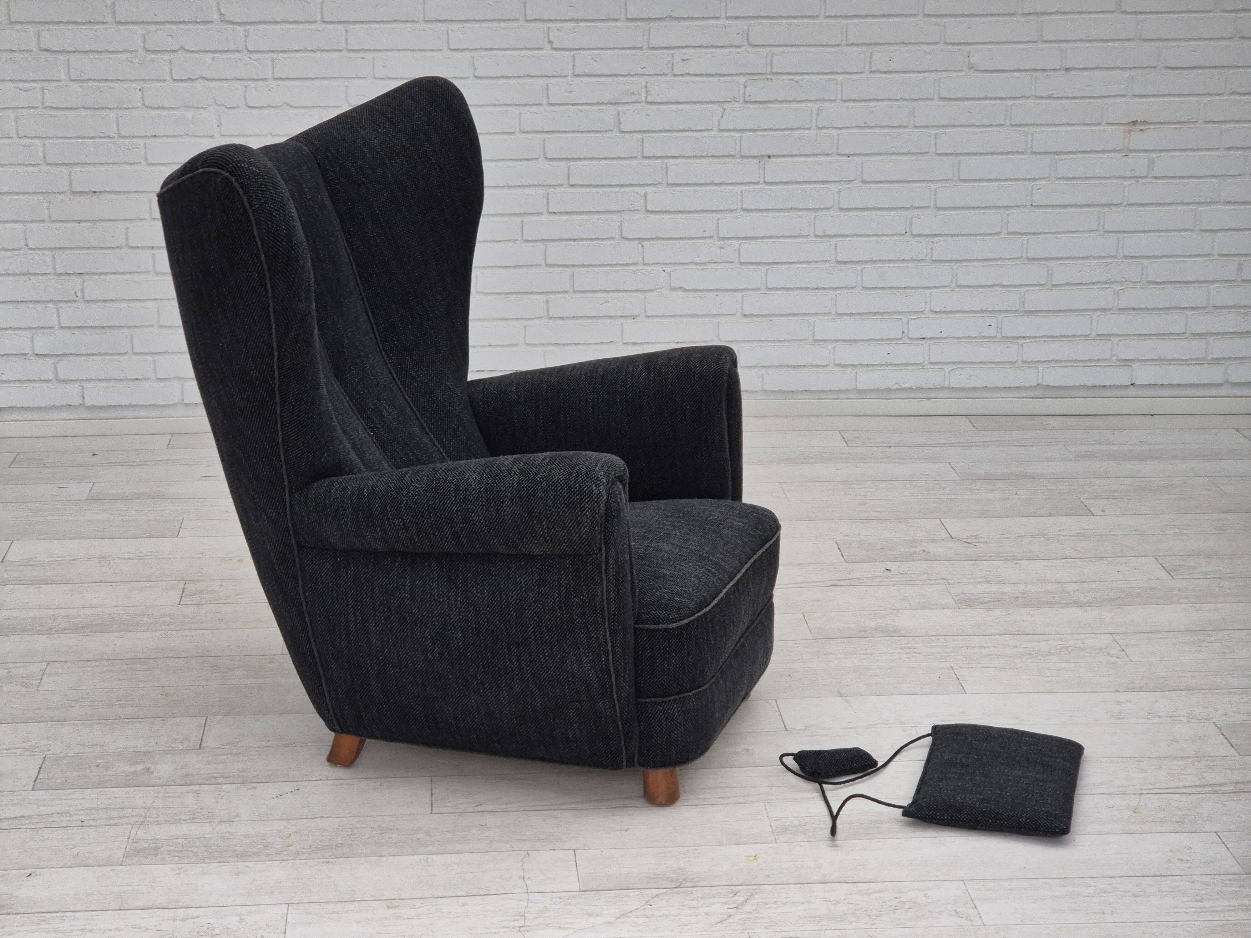 1960s, Danish relax armchair, reupholstered, gray furniture fabric..