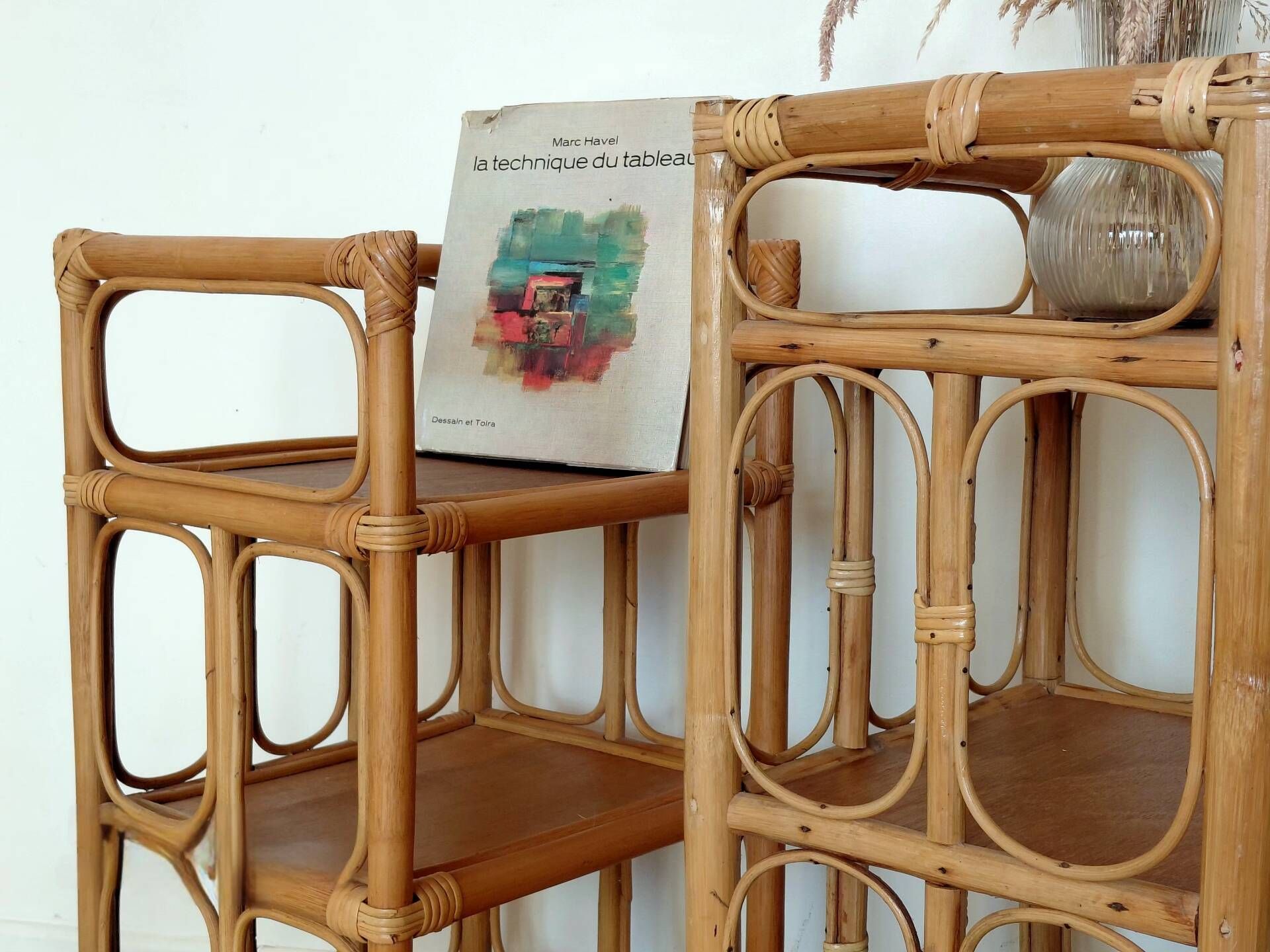 Pair of bedside tables/vintage bamboo and rattan accent furniture - 1970s