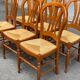 6 country-style chairs in solid cherry wood with rush seats from the 1990s.