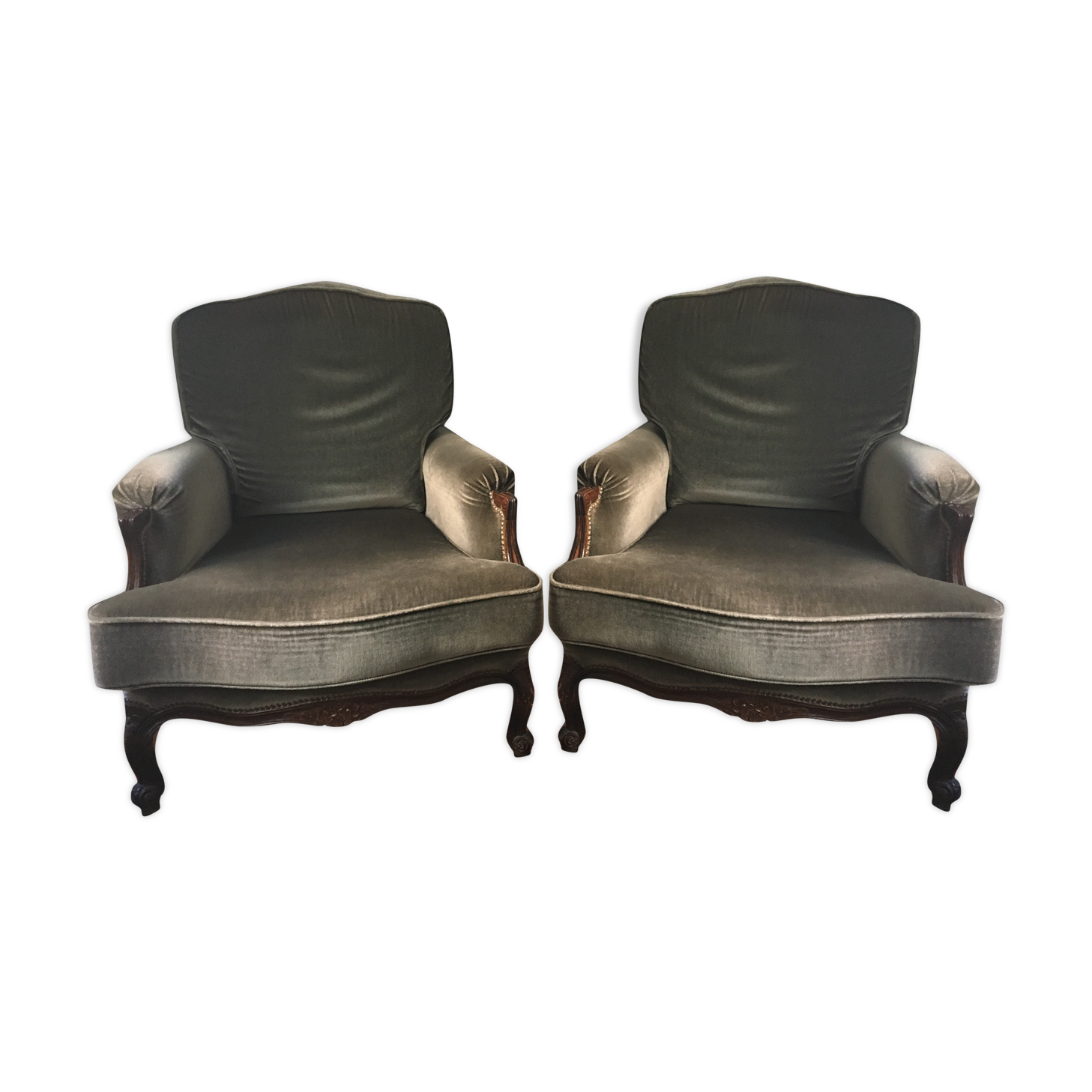 Pair of 2 khaki green velvet armchairs