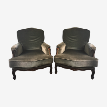 Paire de 2 fauteuils velours vert kaki