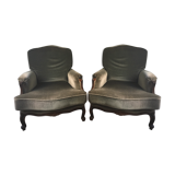 Pair of 2 khaki green velvet armchairs