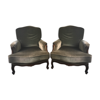 Pair of 2 khaki green velvet armchairs