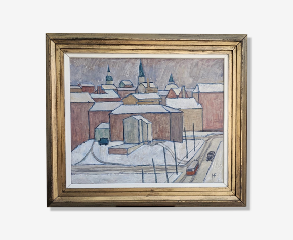 Peinture à l’huile encadrée vintage du milieu du siècle - Winter Town