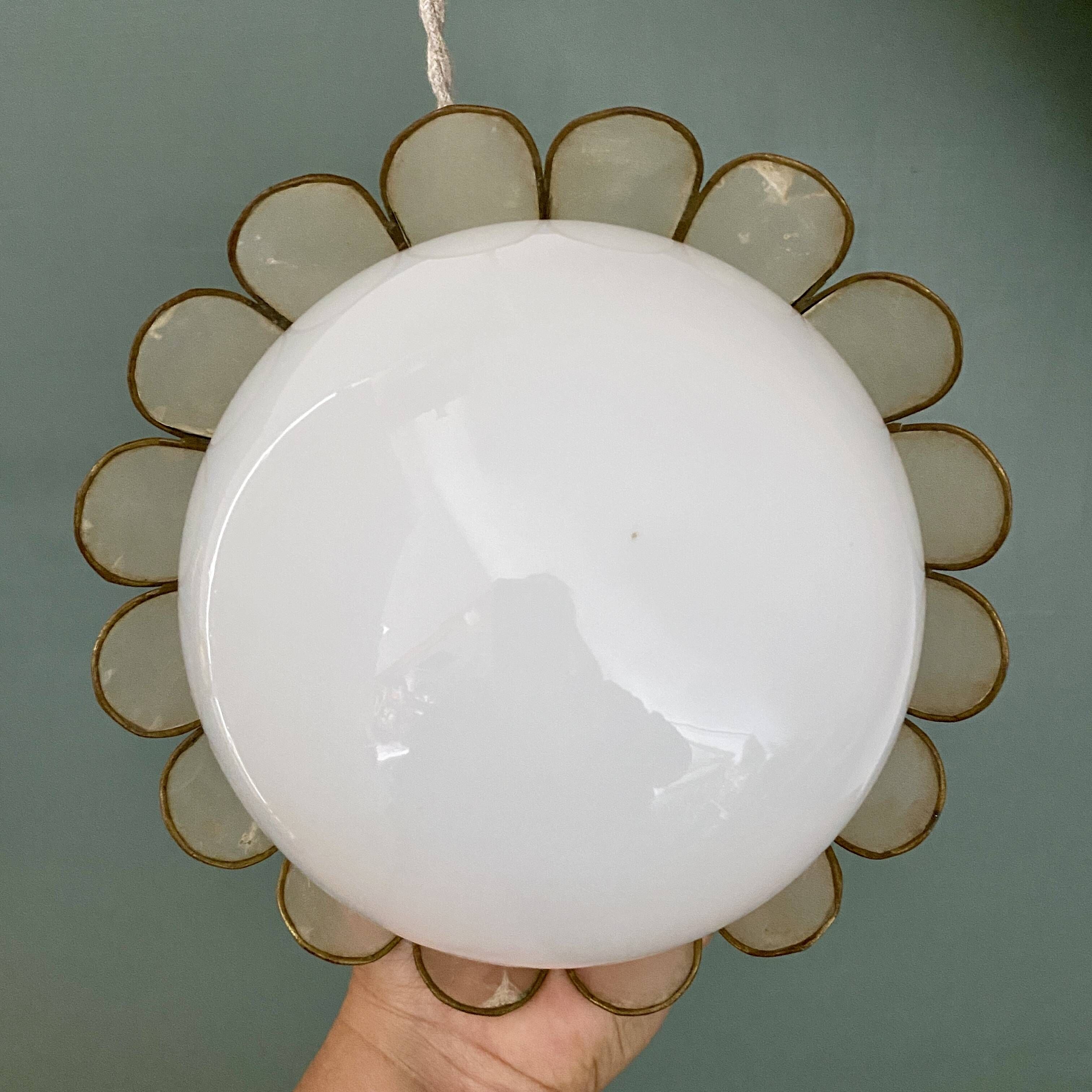 Globe pendant light and vintage lampshade in opaline and mother-of-pearl
