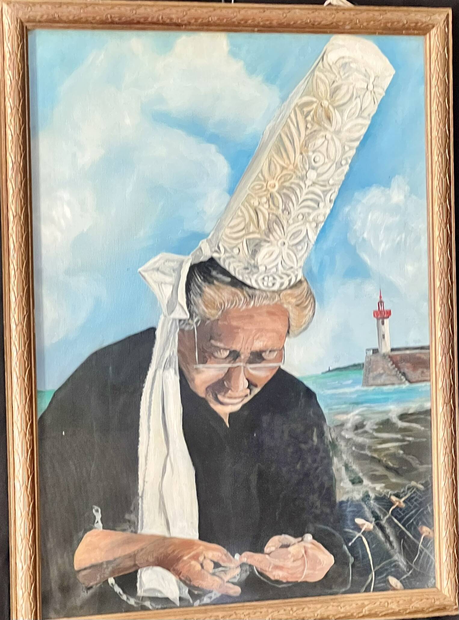 Huile sur toile "Bigoudène au port, XXe siècle
