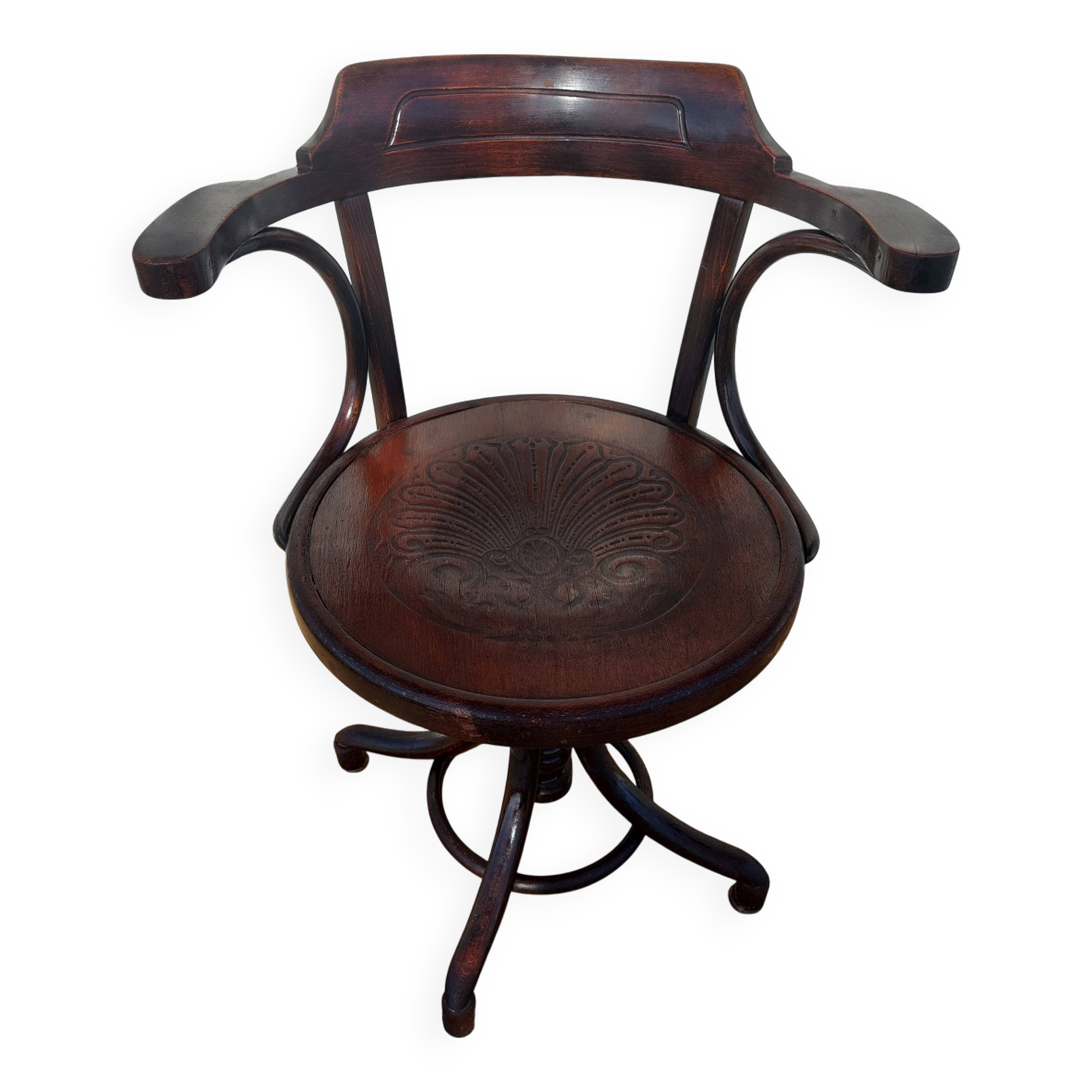 Swivel wooden armchair, pattern on seat