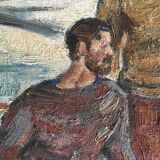 Interior scene with guitar at Kiev airport, USSR, oil travel 1974.