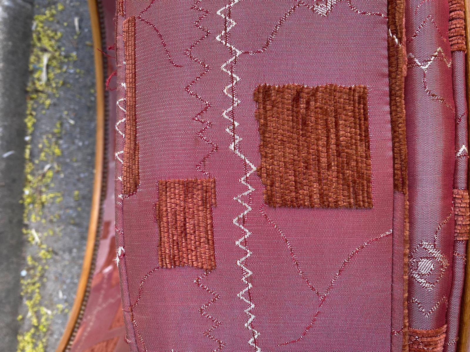 2 club chairs in curved solid wood and embroidered silk burgundy fabric.