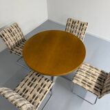 Old round table in solid wood and metal, vintage 70s design