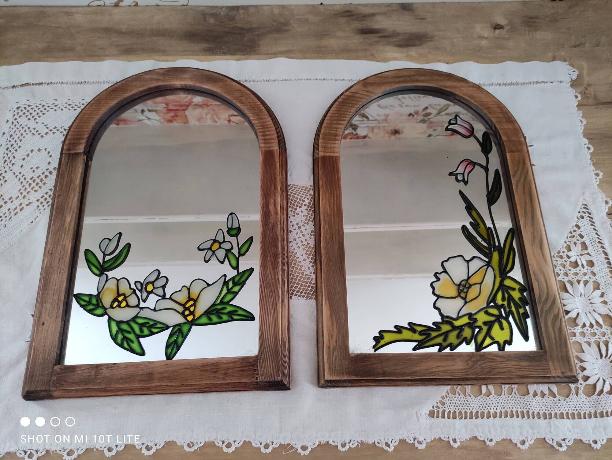 Set of 2 vintage mirrors in light brown wood Art Nouveau style