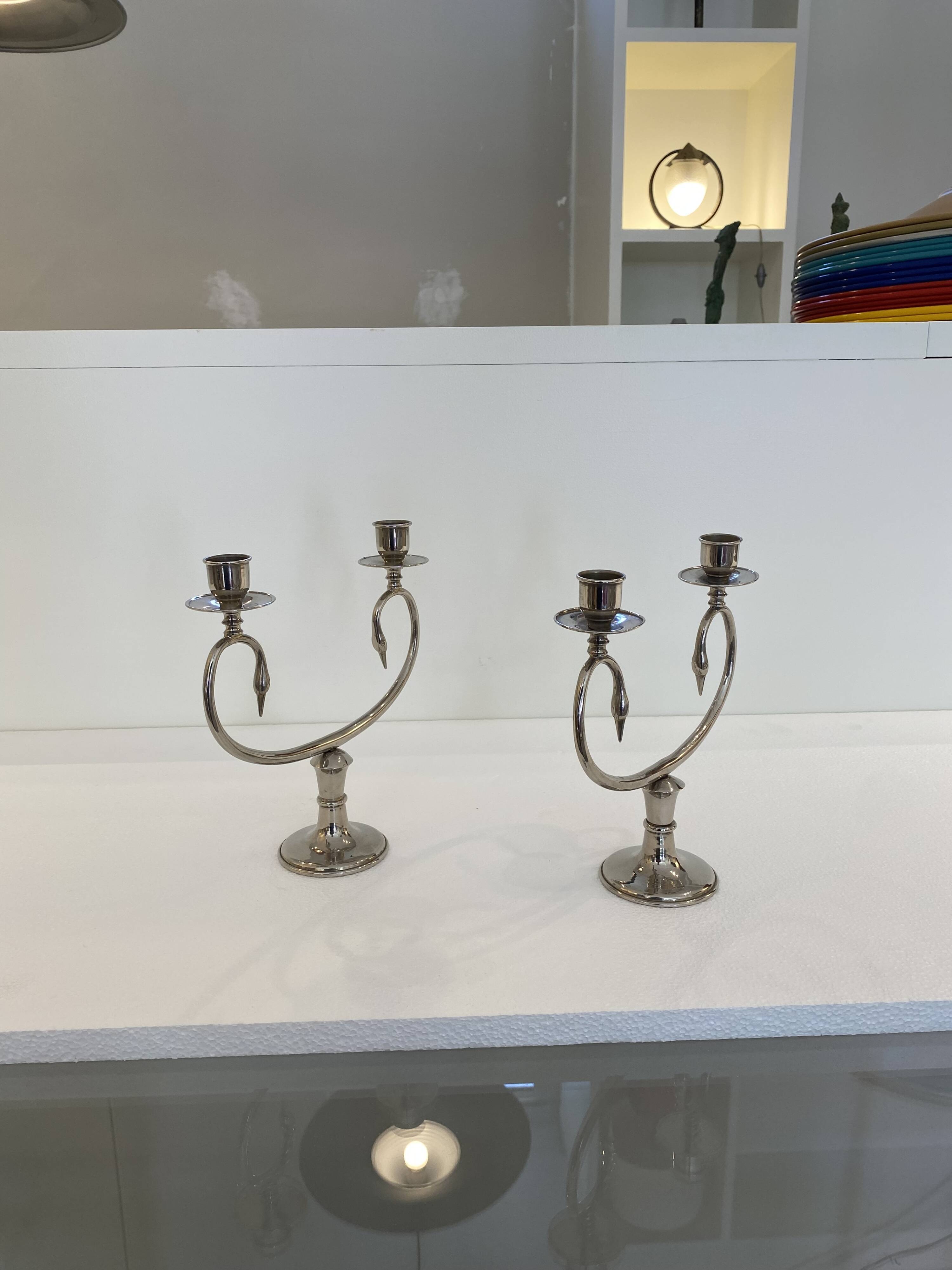 Silver Plated Pair Double Swan Candelabra Candleholders Sculptural 1970s