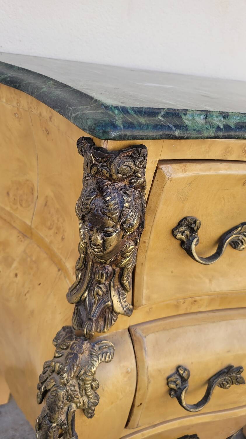 Curved Louis XV style chest of drawers in elm burl and bronze marquetry