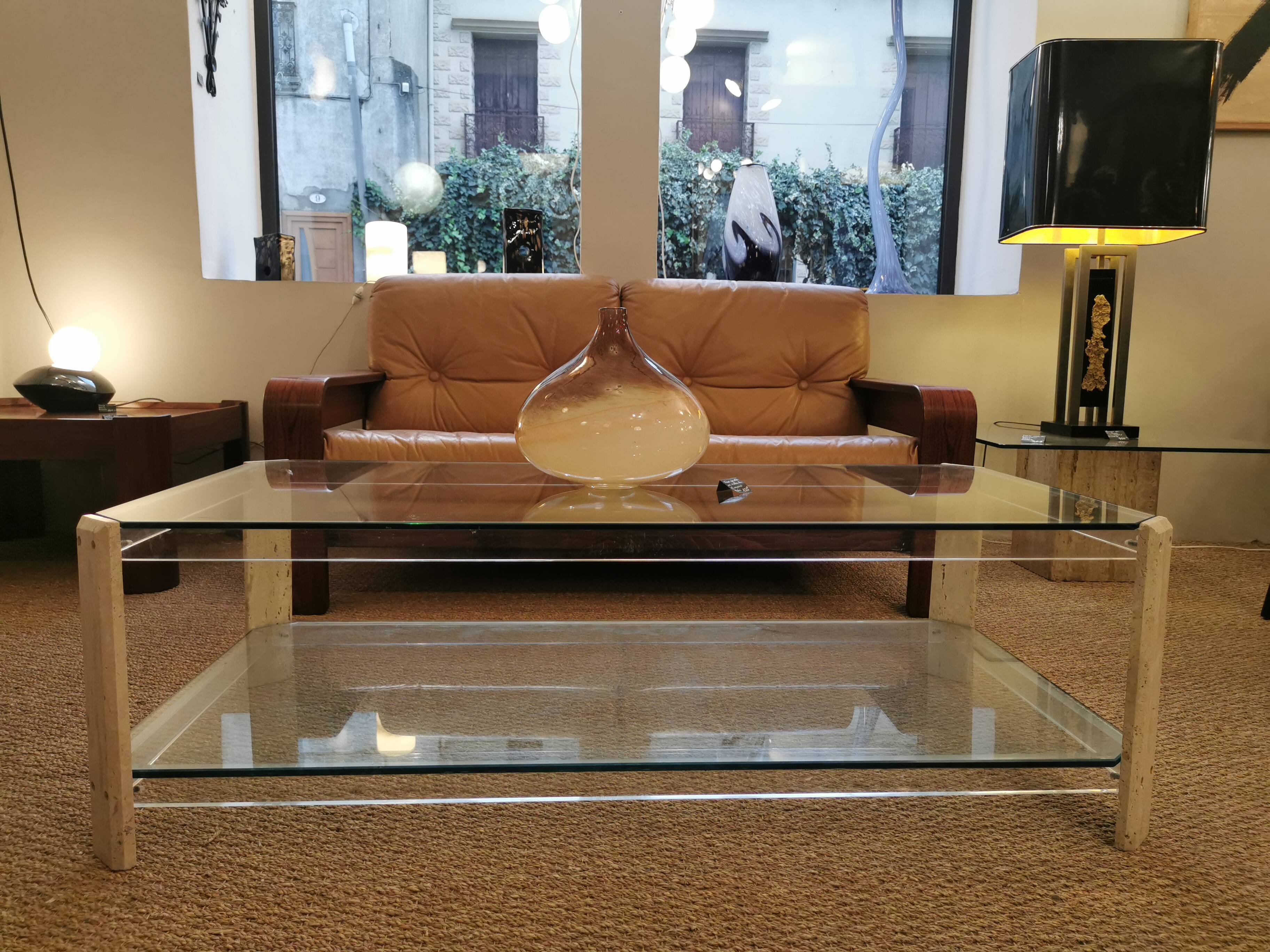 Italian travertine, perspex and glass coffee table, circa 1970